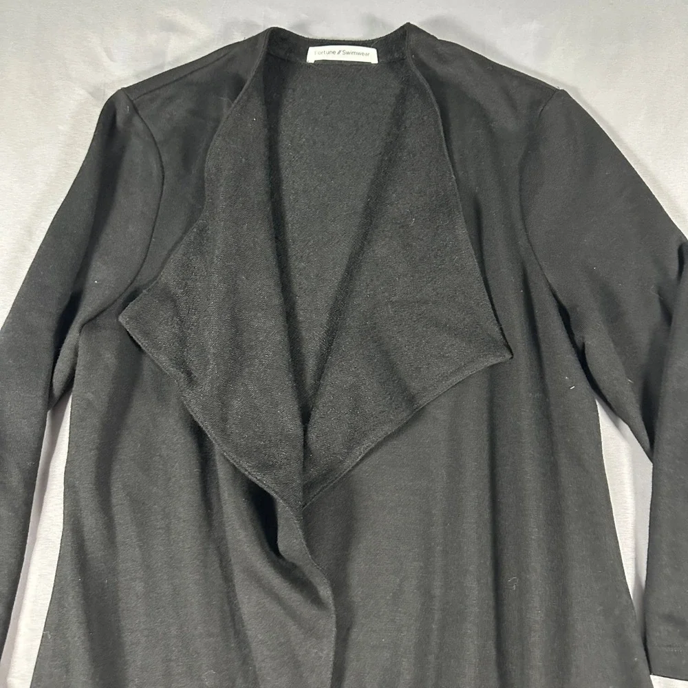 Fortune‎ Swimwear Open Front Cardigan Womens Small Black Waterfall Lapel